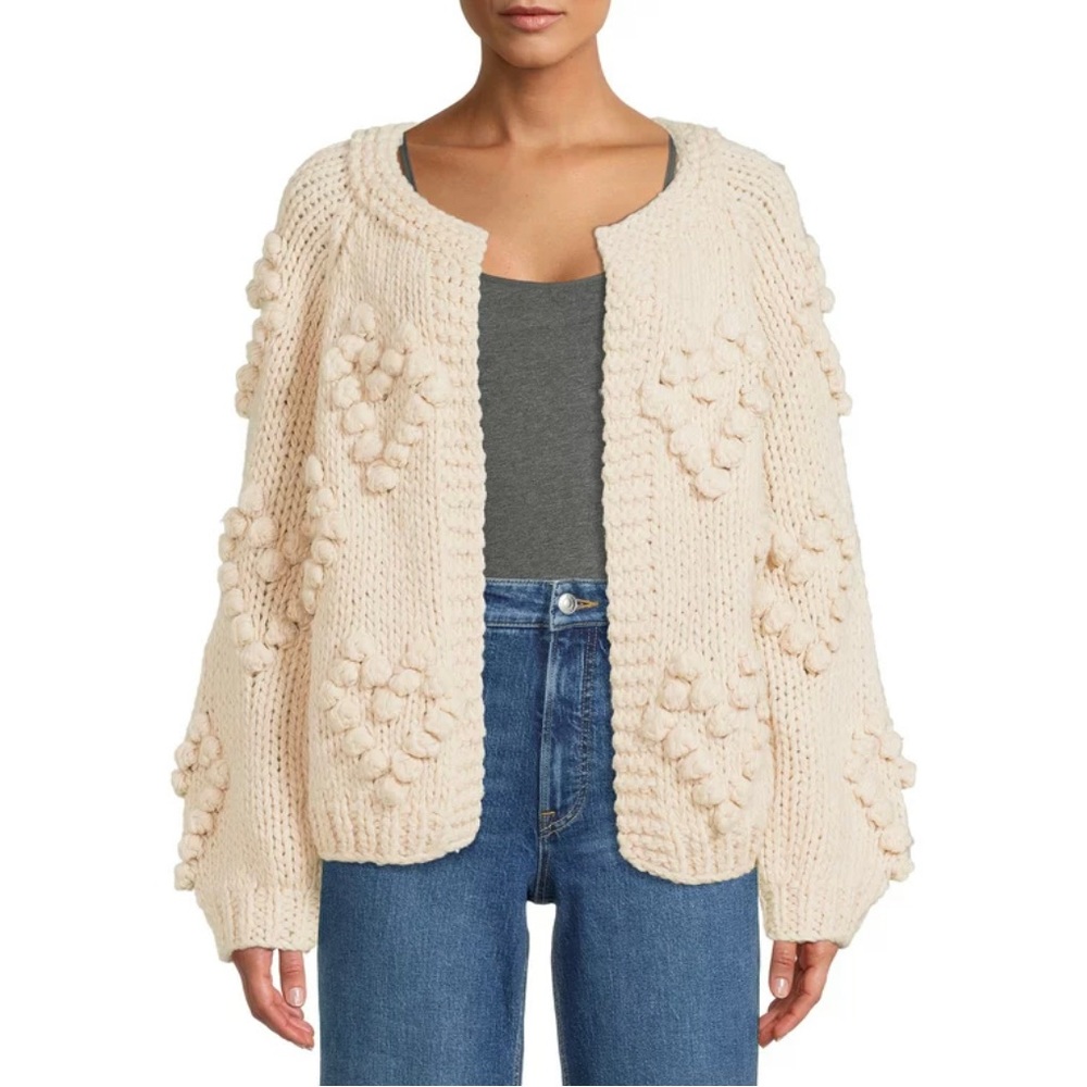 Cocobleu Textured Pom Pom Heart Cardigan Sweater